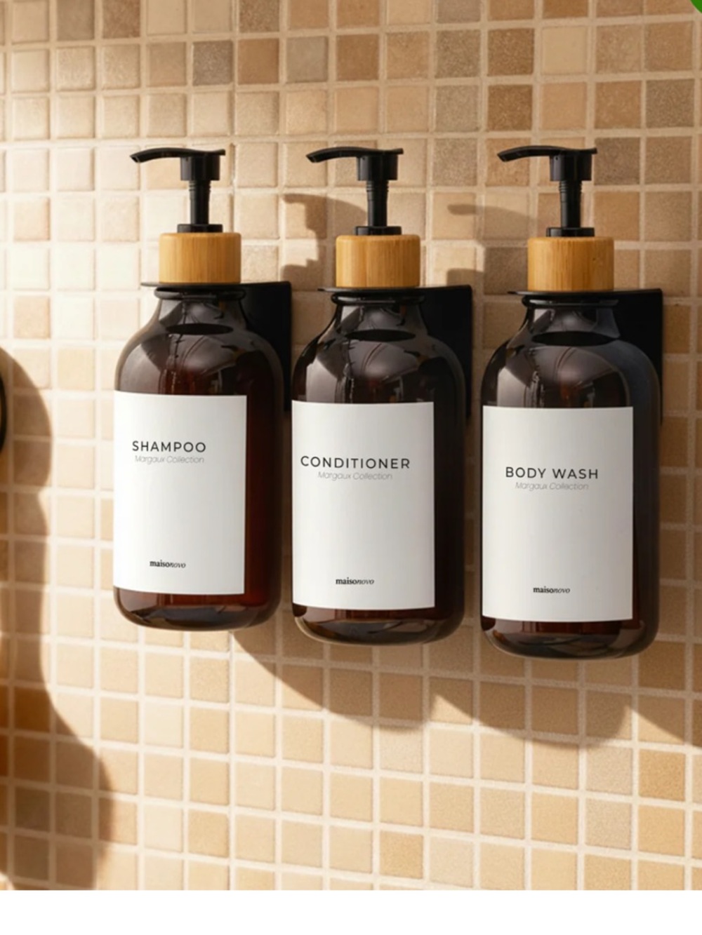 Refillable Wall-Mounted Shower Dispenser Set with Bamboo Caps - Amber/Black